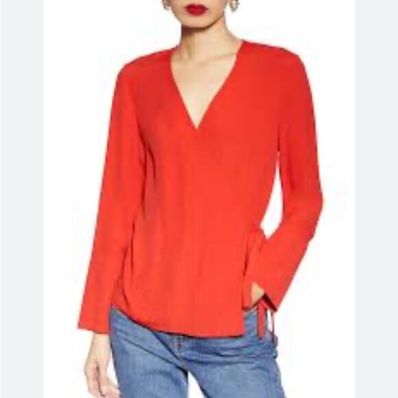 Top Shop Wrap Top sz 4 Long Sleeve Red Wrap Blouse - Picture 1 of 6